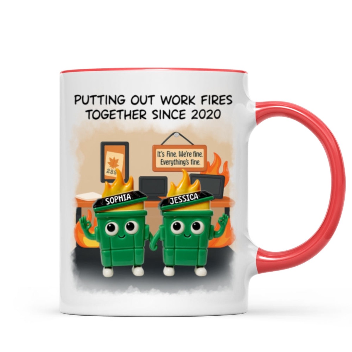 3D Effect Dumpster Fires In Office Scene - Personalized Mug - Funny Gift For Colleagues, Work Besties - Red Accent | 1 Mug | 11oz