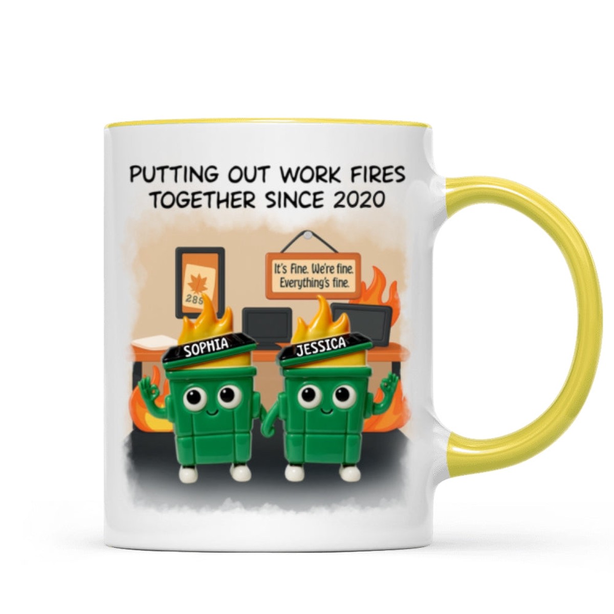 3D Effect Dumpster Fires In Office Scene - Personalized Mug - Funny Gift For Colleagues, Work Besties - Yellow Accent | 1 Mug | 11oz