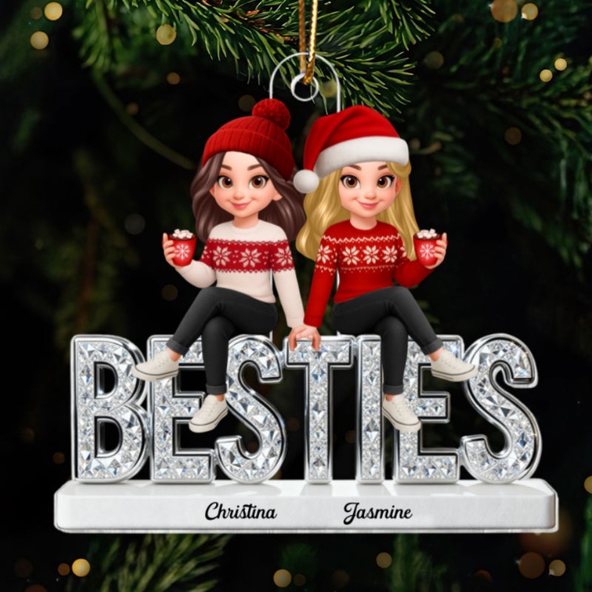 [BUY 1 GET 1 FREE] 3D Shinning Effect Besties Christmas - Personalized Acrylic Ornament - Gift For Best Friends - Acrylic | 3.54" | Set Of 2