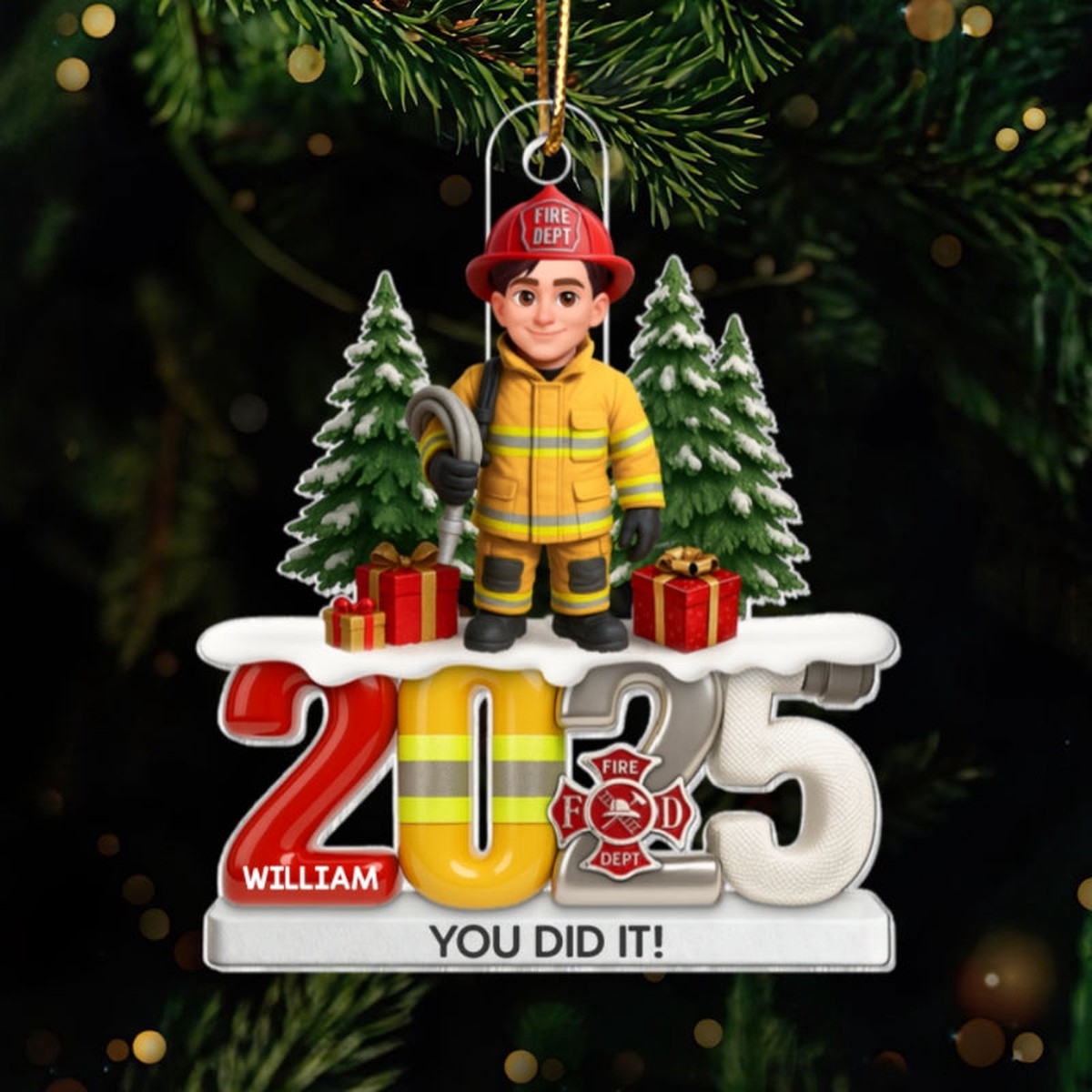 2025 Firefighter Christmas Tree You Did It - Personalized Acrylic Ornament - Fire Academy Graduation Gift, Promotion Gift - Acrylic | 3.54" | 1 Ornament