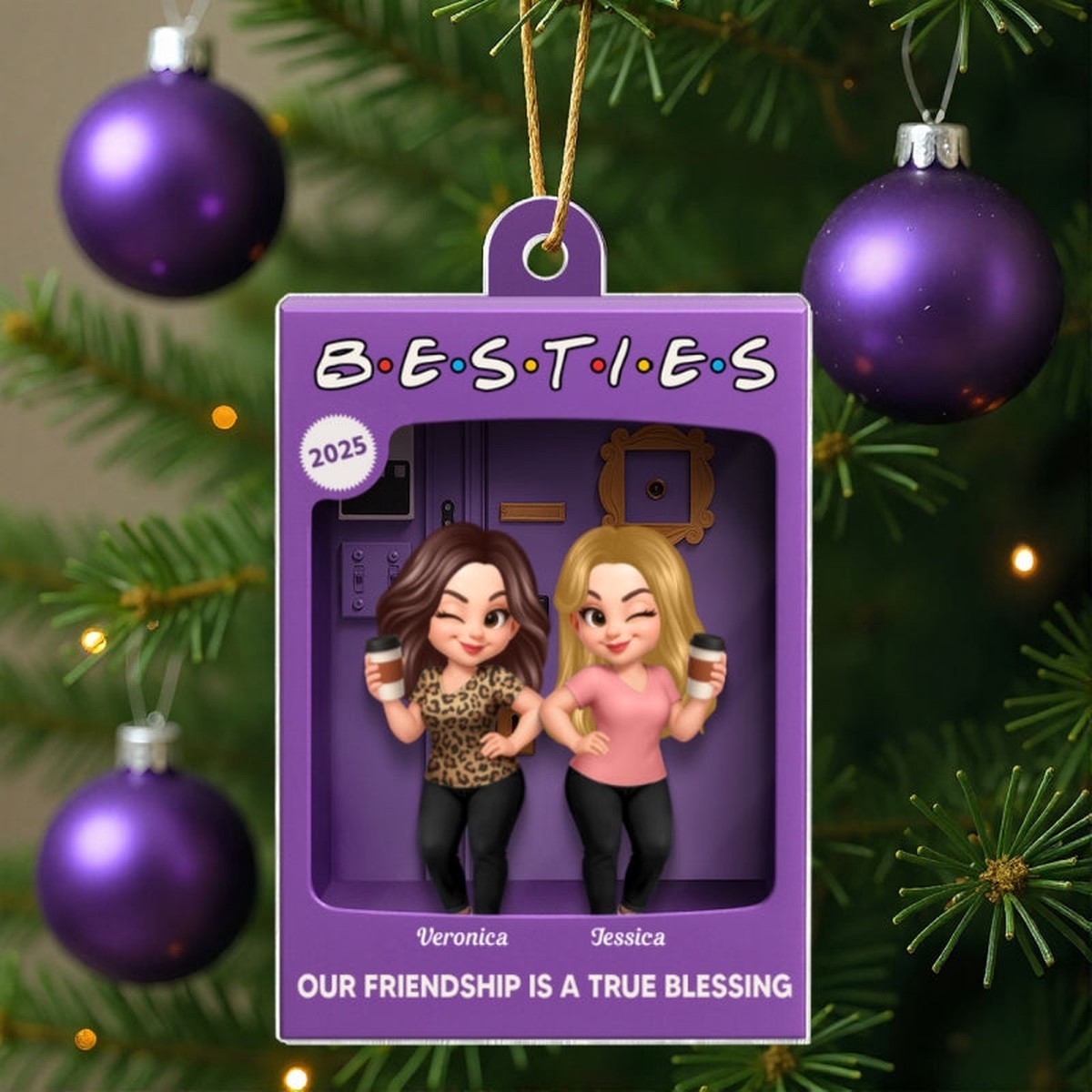 [BUY 1 GET 1 FREE] Besties Personalized Acrylic Ornament - Purple Toy Box Style Christmas Gift - Acrylic | 3.54" | Set Of 2