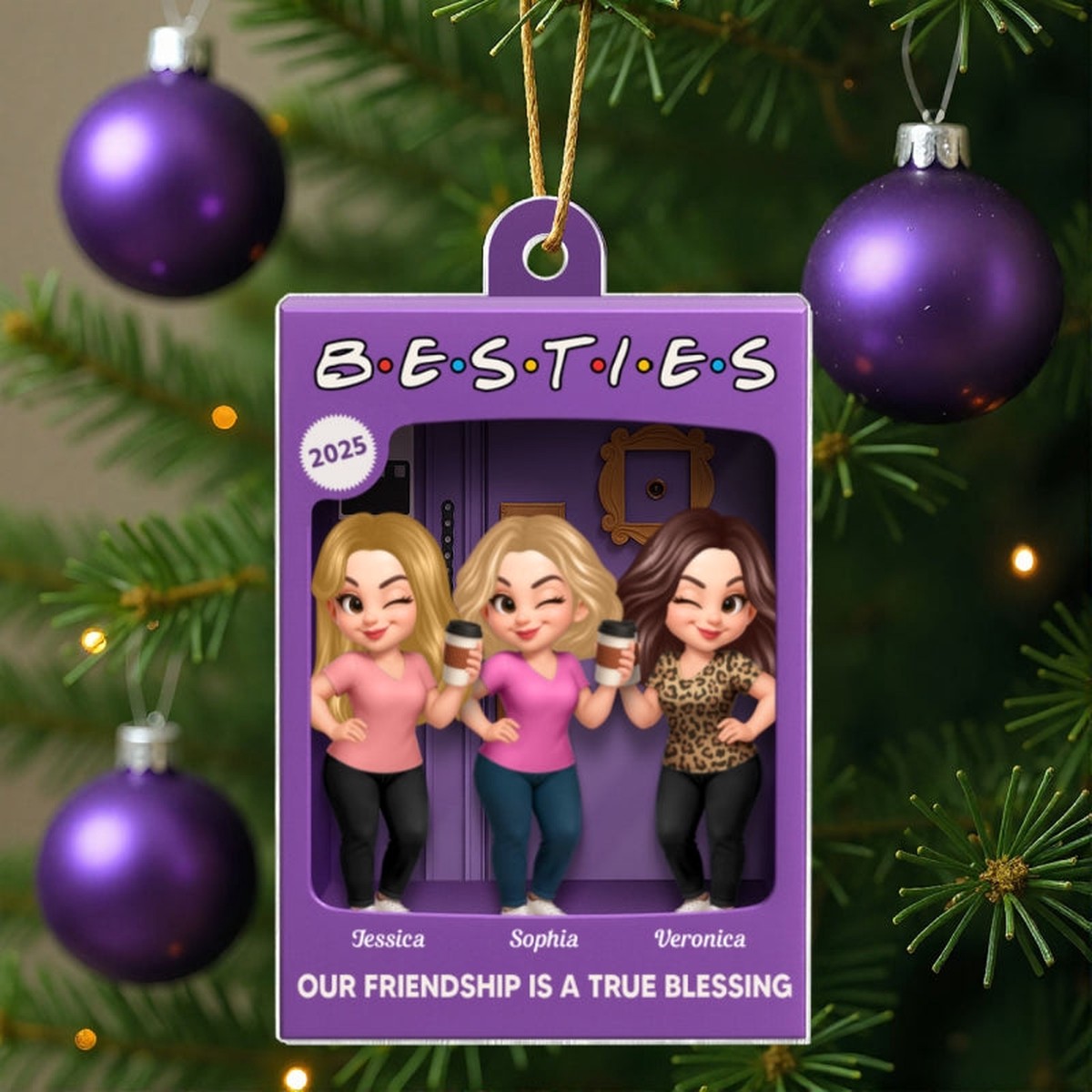 [BUY 2 GET 1 FREE] Besties Personalized Acrylic Ornament - Purple Toy Box Style Christmas Gift - Acrylic | 3.54" | 1 Ornament