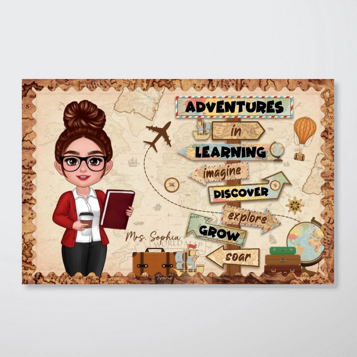 Adventure In Learning Teacher Personalized Poster, Classroom Reading Corner, STEM Corner Decoration - 12"x8"