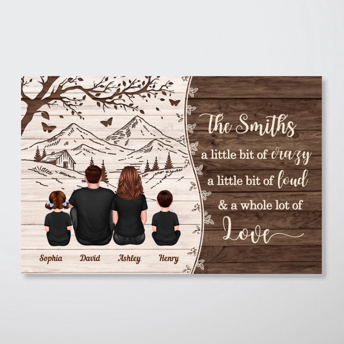 Woods Pallet Mountain Tree Family Back View Personalized Poster - 12"x8"