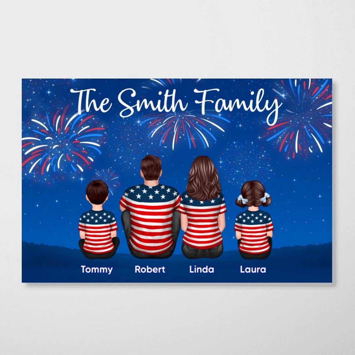 American Family At Night Firework 4th Of July Personalized Poster, Father's Day gift, gift for family - 12"x8"