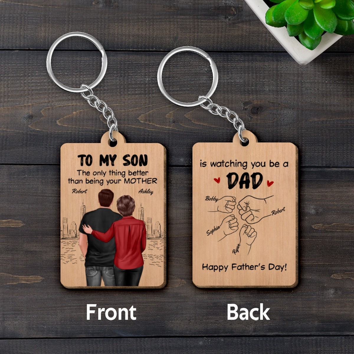 From Mom To Son Watching You Be A Dad Personalized Wooden Keychain, Gift For Son - Wood | S - 2.35" | 1 Keychain