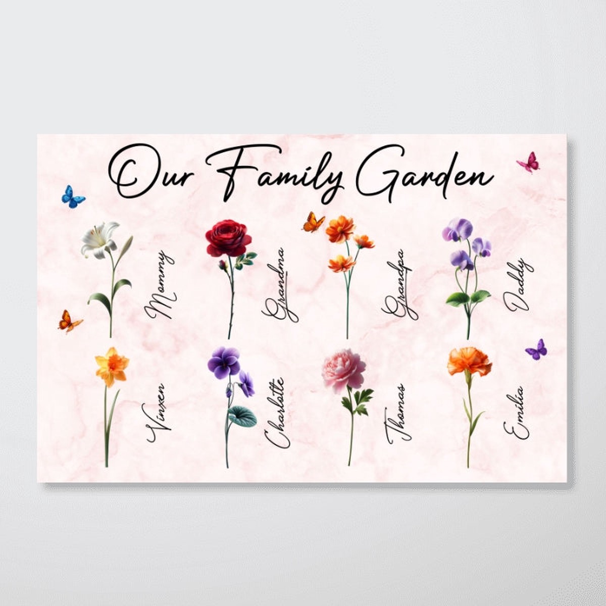 3D Effect Birth Month Flowers Our Family Garden Personalized Poster, Gift For Mom, Grandma - 12"x8"