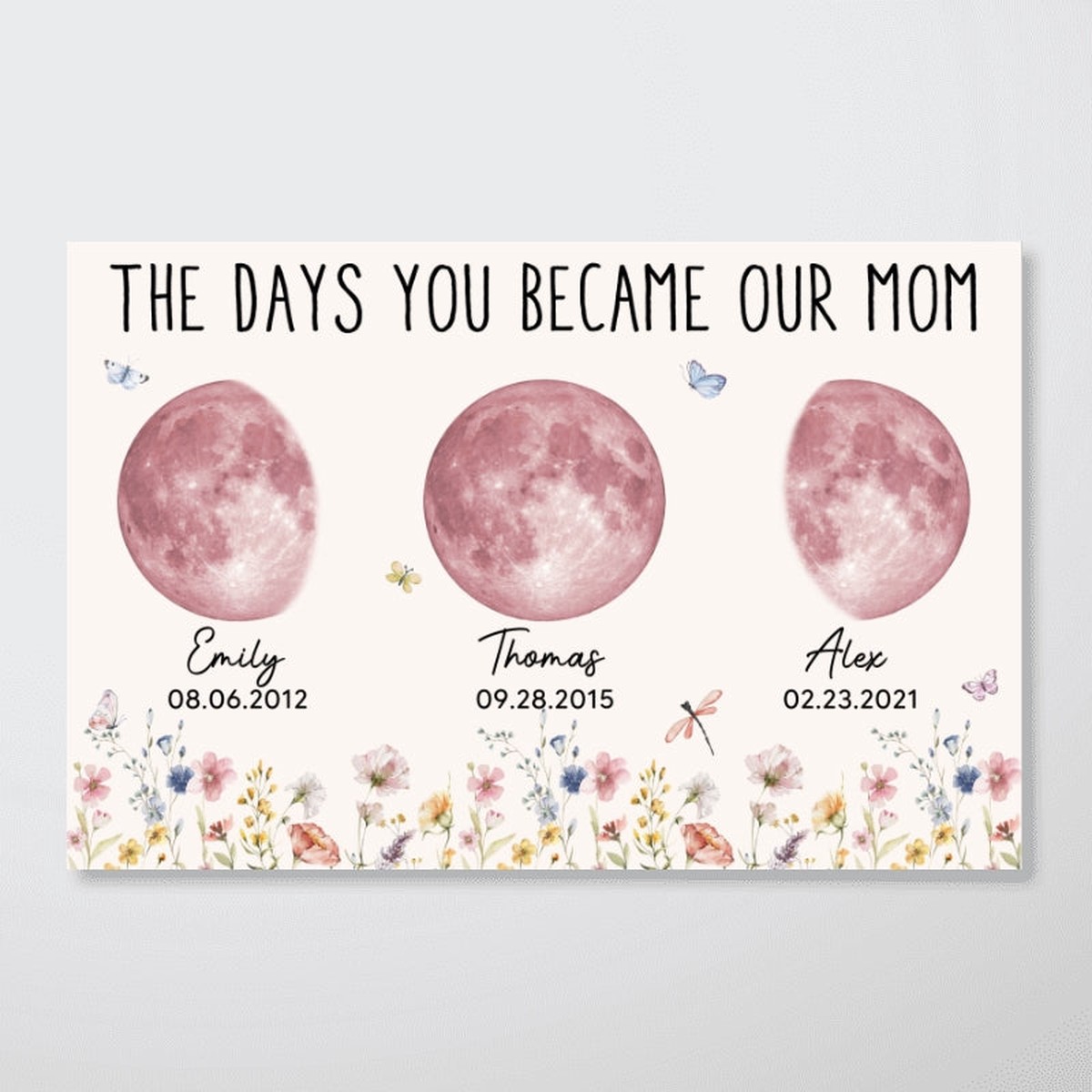 Wild Flowers The Day You Become Mom Grandma Custom Pink Birthday Moon Phase Personalized Poster - 12"x8"