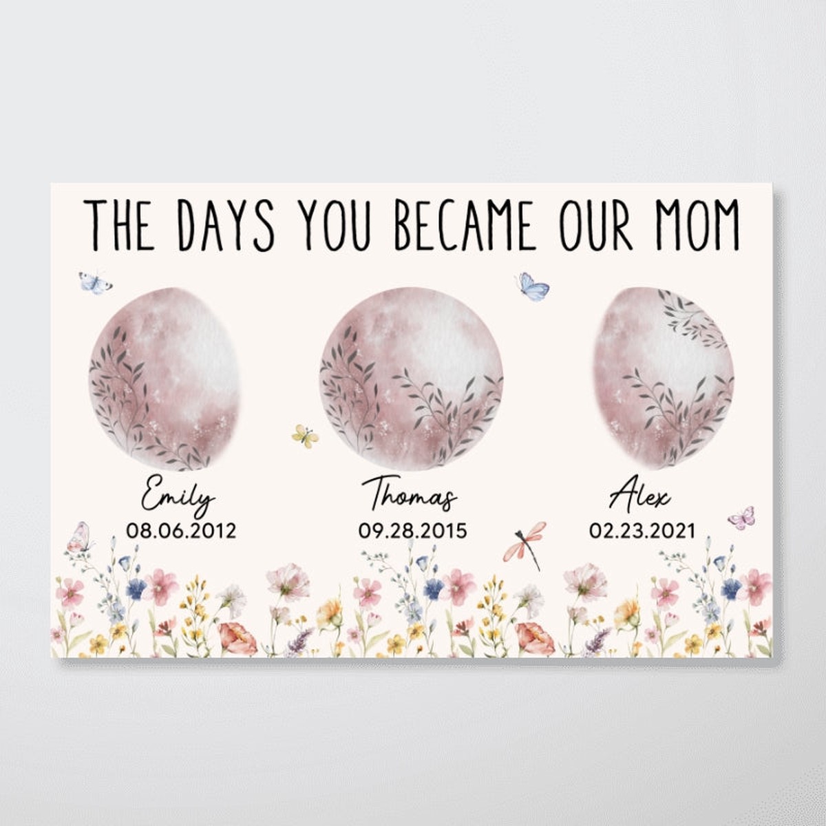 Wild Flowers The Day You Become Mom Grandma Custom Floral Birth Moon Phase Personalized Poster, Gift - 12"x8"