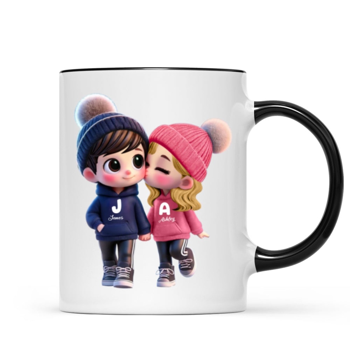 3D Effect Cute Cartoon Couple Walking Personalized Mug, Perfect Valentine'Day Gift for him, Gift for her - Two Tone Mug | Black Accent | 11oz