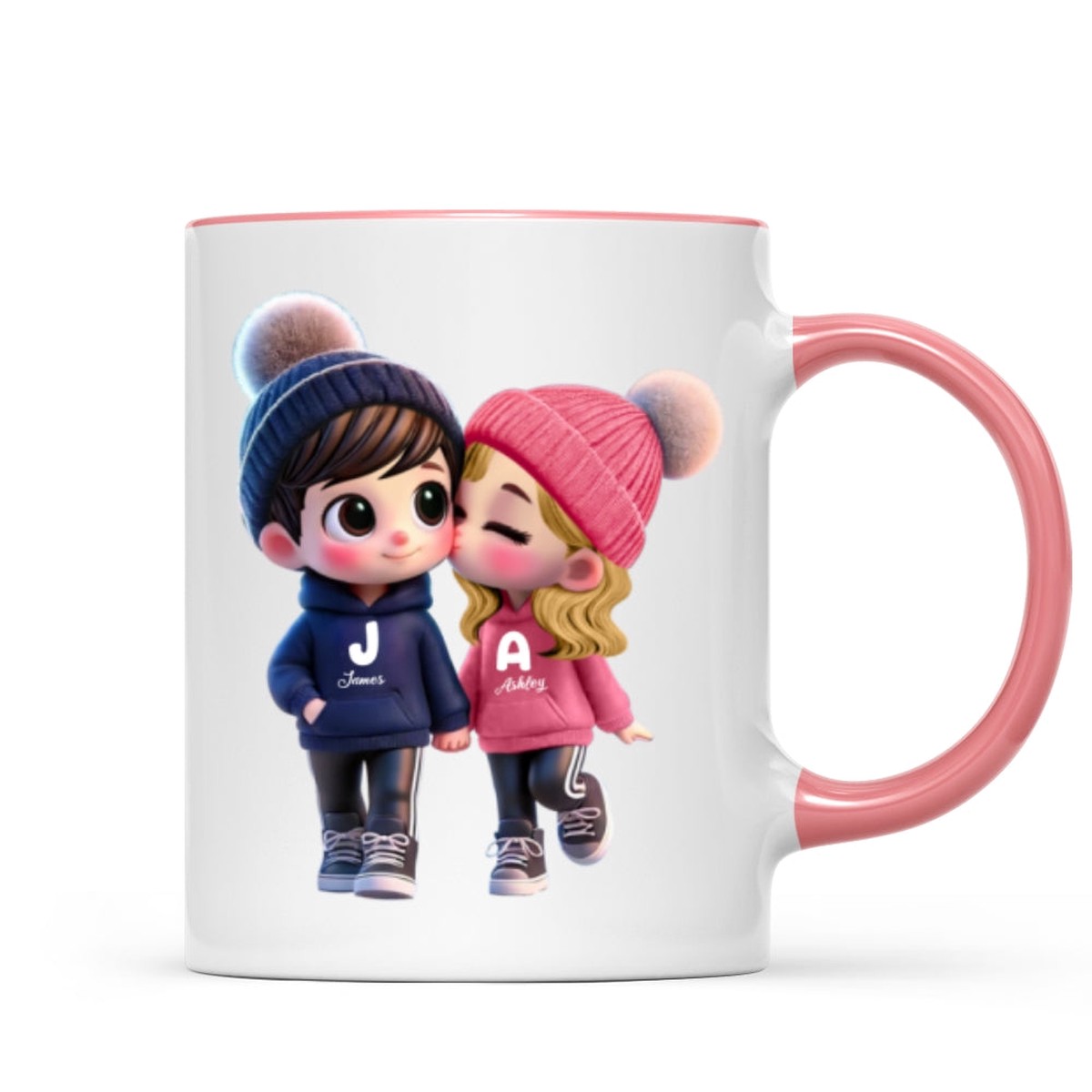 3D Effect Cute Cartoon Couple Walking Personalized Mug, Perfect Valentine'Day Gift for him, Gift for her - Two Tone Mug | Pink Accent | 11oz