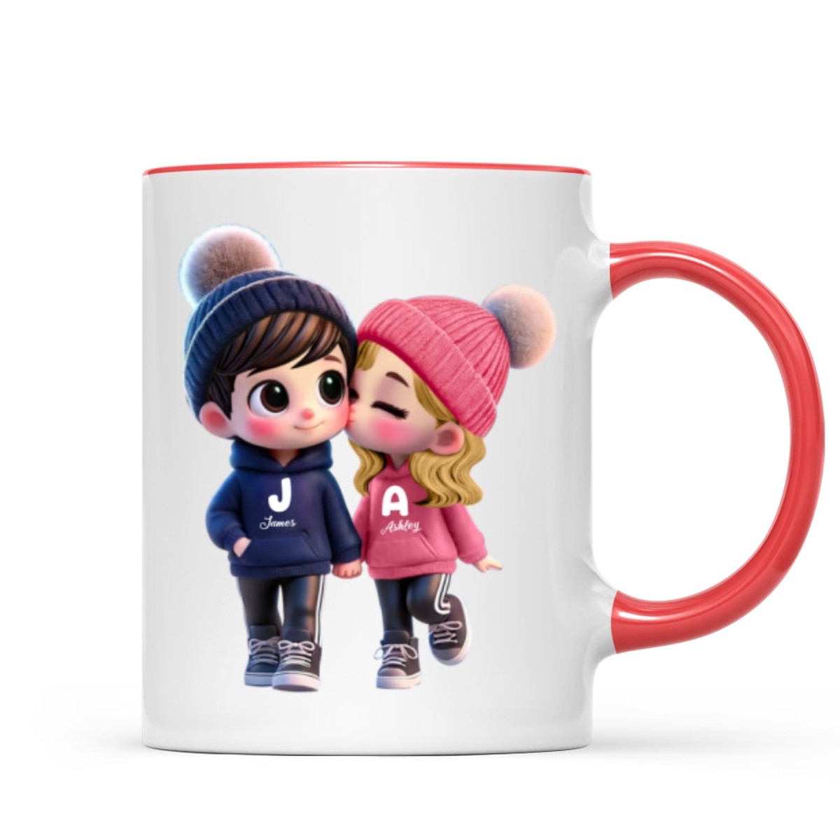 3D Effect Cute Cartoon Couple Walking Personalized Mug, Perfect Valentine'Day Gift for him, Gift for her - Two Tone Mug | Red Accent | 11oz