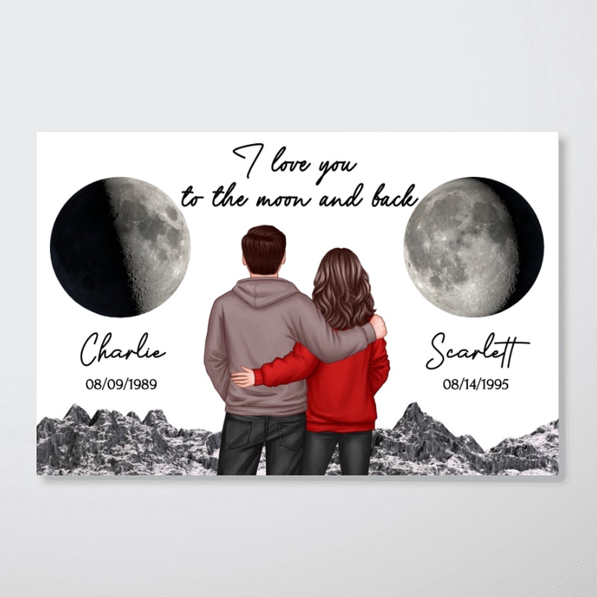 Back View Couple Custom Moon Phases I Love You To The Moon And Back Personalized Poster, Heartfelt Gift For Couple, For Him, For Her, Boyfriend, Girlfriend, Husband, Wife - 12"x8