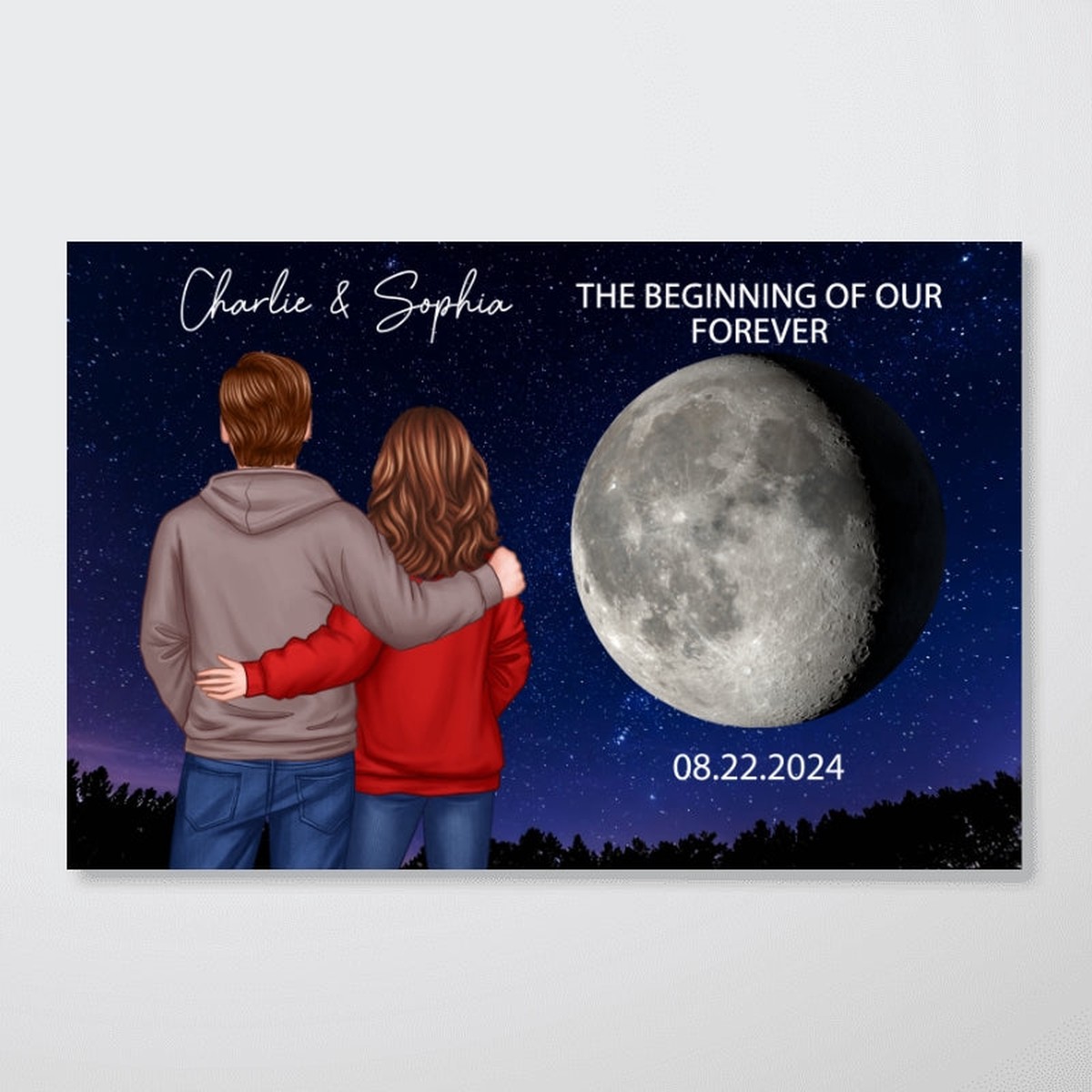 Back View Couple Custom Moon Phases The Day We Met Personalized Poster, Heartfelt Gift For Couple, For Him, For Her, Boyfriend, Girlfriend, Husband, Wife - 12"x8"