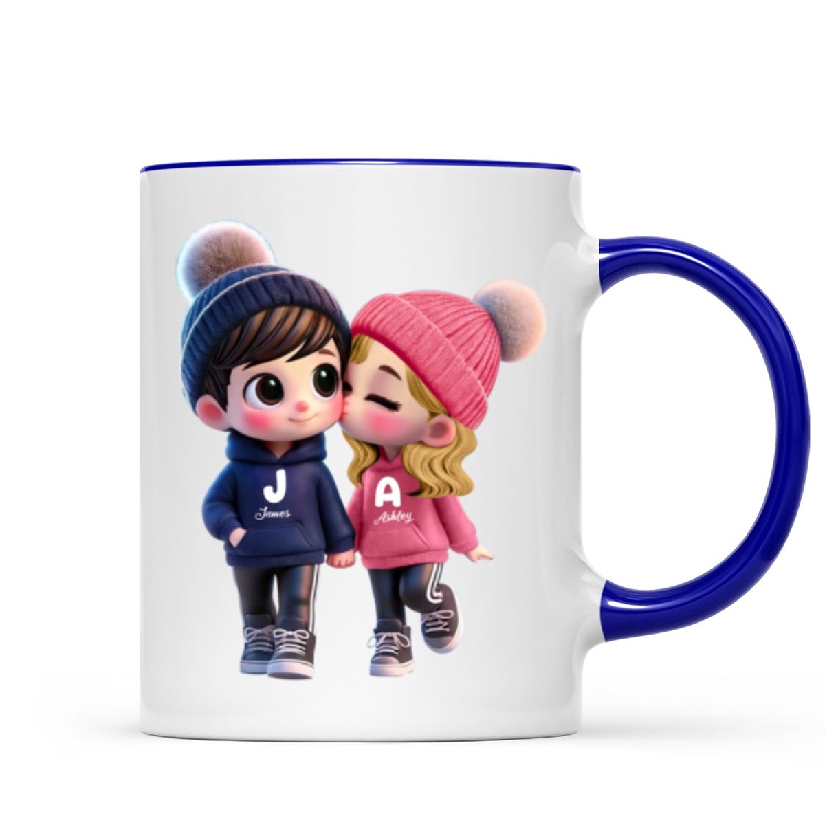 3D Effect Cute Cartoon Couple Walking Personalized Mug, Perfect Valentine'Day Gift for him, Gift for her - Two Tone Mug | Dark Blue Accent | 11oz