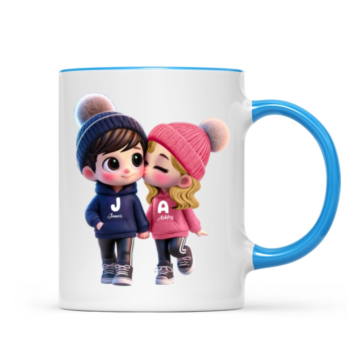 3D Effect Cute Cartoon Couple Walking Personalized Mug, Perfect Valentine'Day Gift for him, Gift for her - Two Tone Mug | Light Blue Accent | 11oz