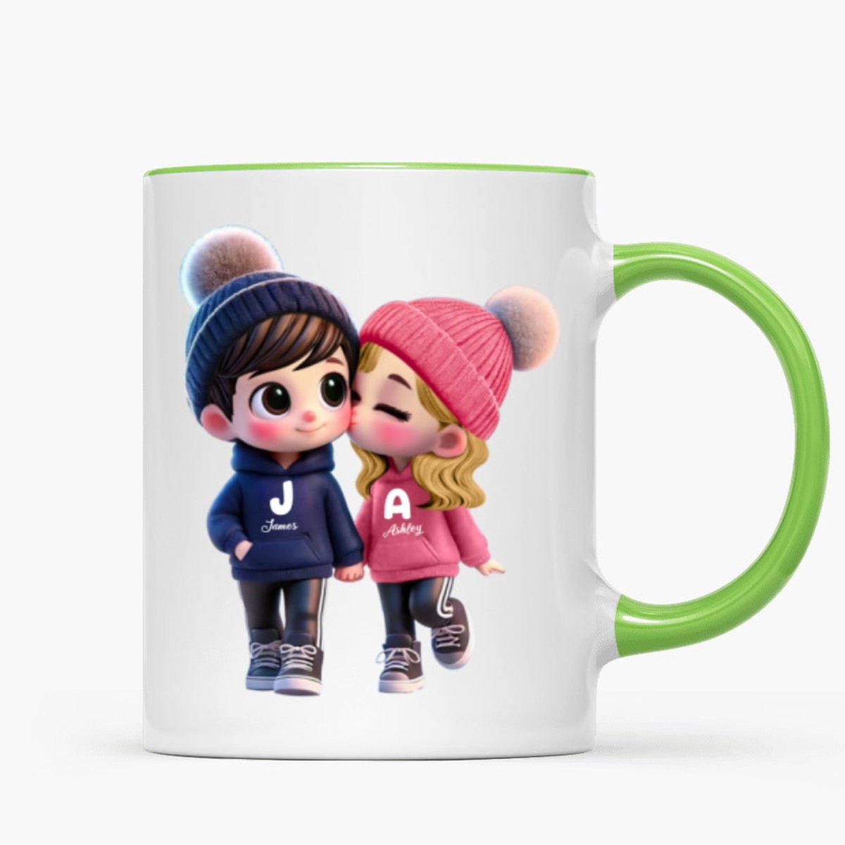 3D Effect Cute Cartoon Couple Walking Personalized Mug, Perfect Valentine'Day Gift for him, Gift for her - Two Tone Mug | Lime Green Accent | 11oz