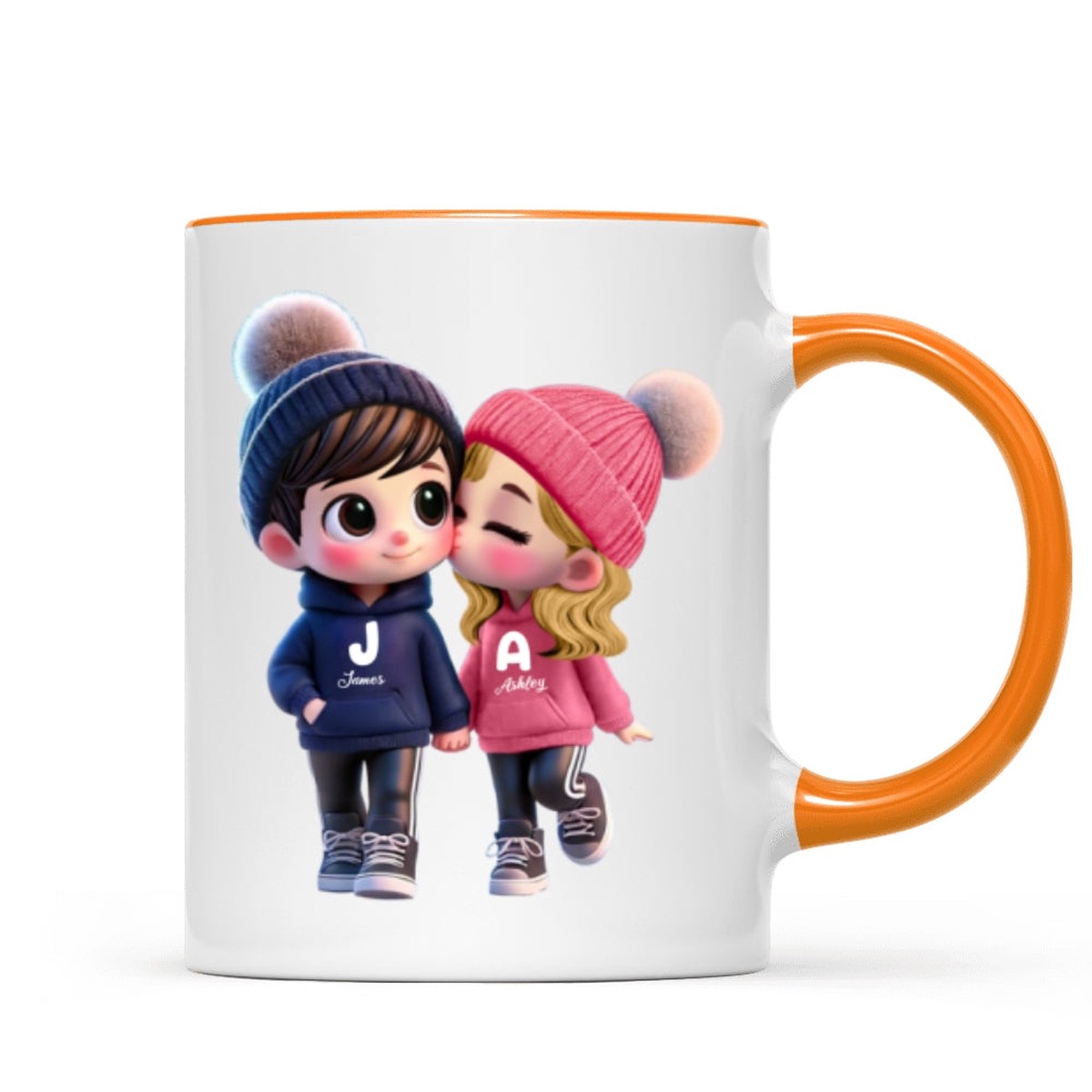 3D Effect Cute Cartoon Couple Walking Personalized Mug, Perfect Valentine'Day Gift for him, Gift for her - Two Tone Mug | Orange Accent | 11oz
