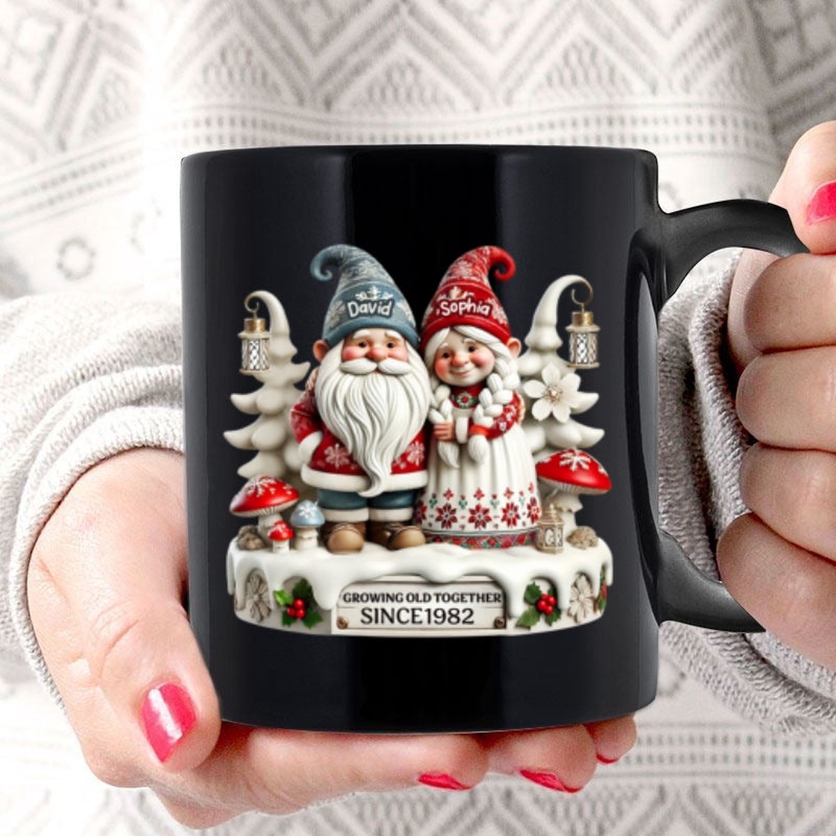 3D Effect Gnome Couple Together Personalized Mug, Heartfelt Gift For Couple, For Him, For Her, Husband, Wife - 11oz | Ceramic Mug | 1 Mug