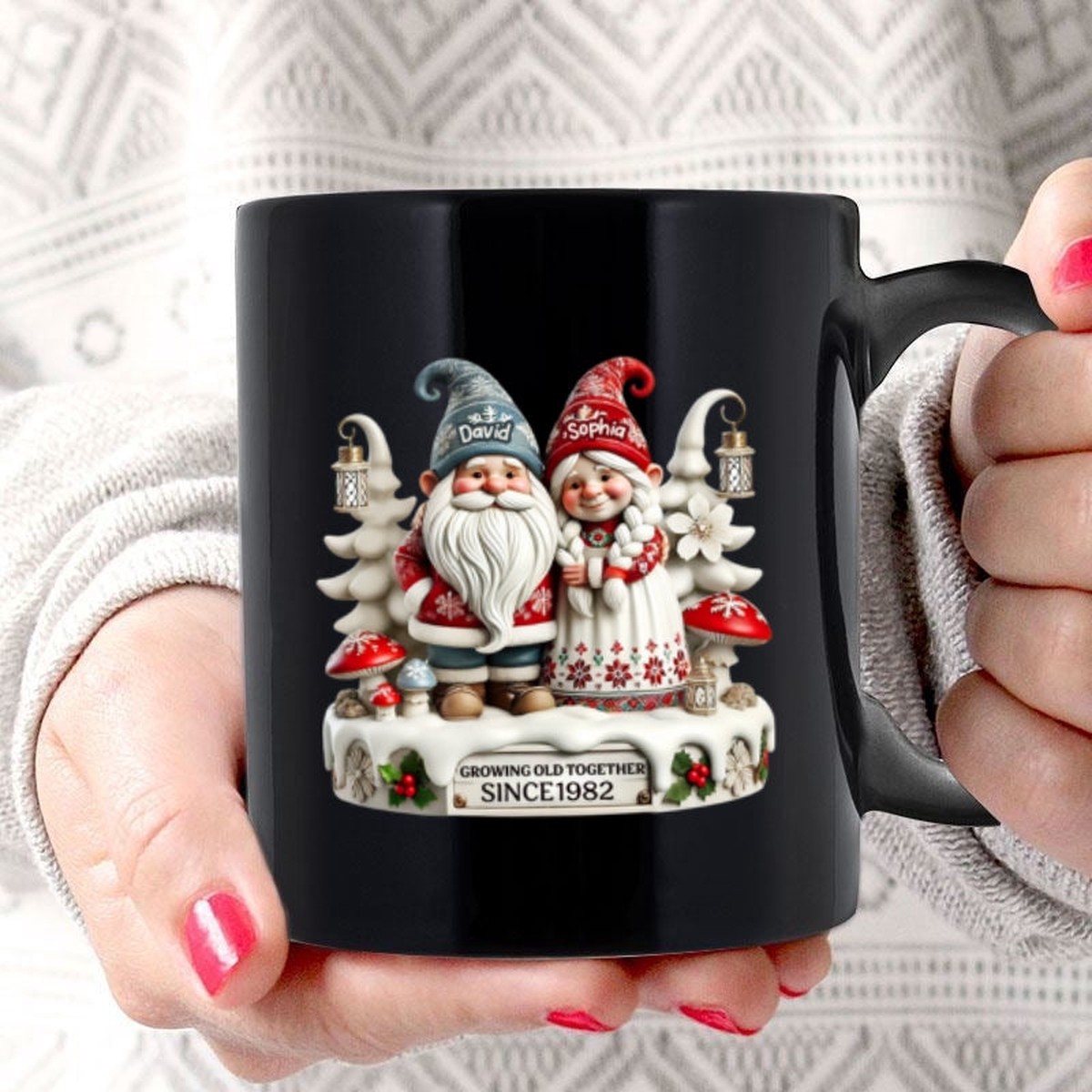 3D Effect Gnome Couple Together Personalized Mug, Heartfelt Gift For Couple, For Him, For Her, Husband, Wife - 15oz | Ceramic Mug | 1 Mug