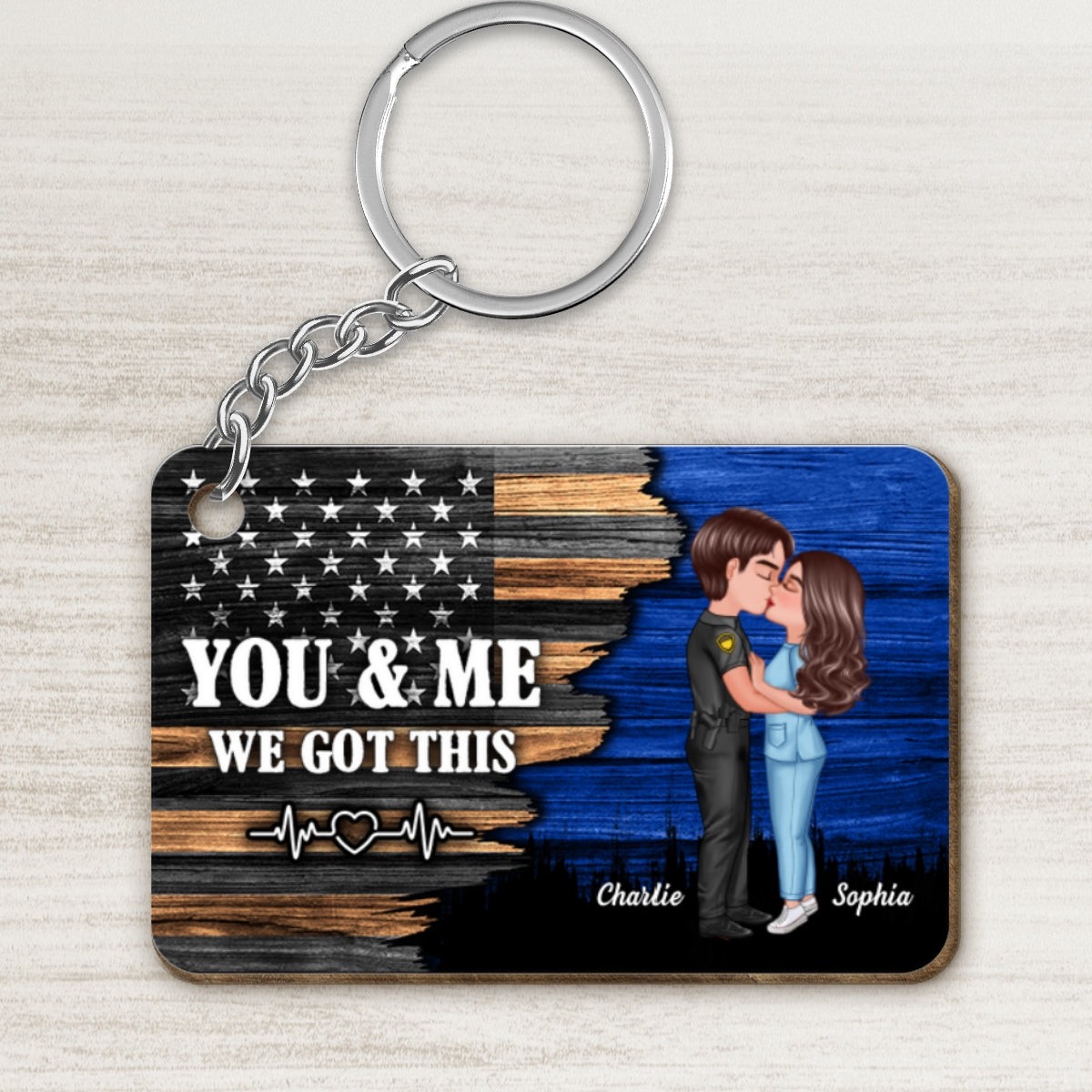 Hero Couple Kissing Half Flag Gift by Occupation Firefighter, Nurse, Police Officer Personalized Wooden Keychain - Wood | S - 2.35" | 1 Keychain