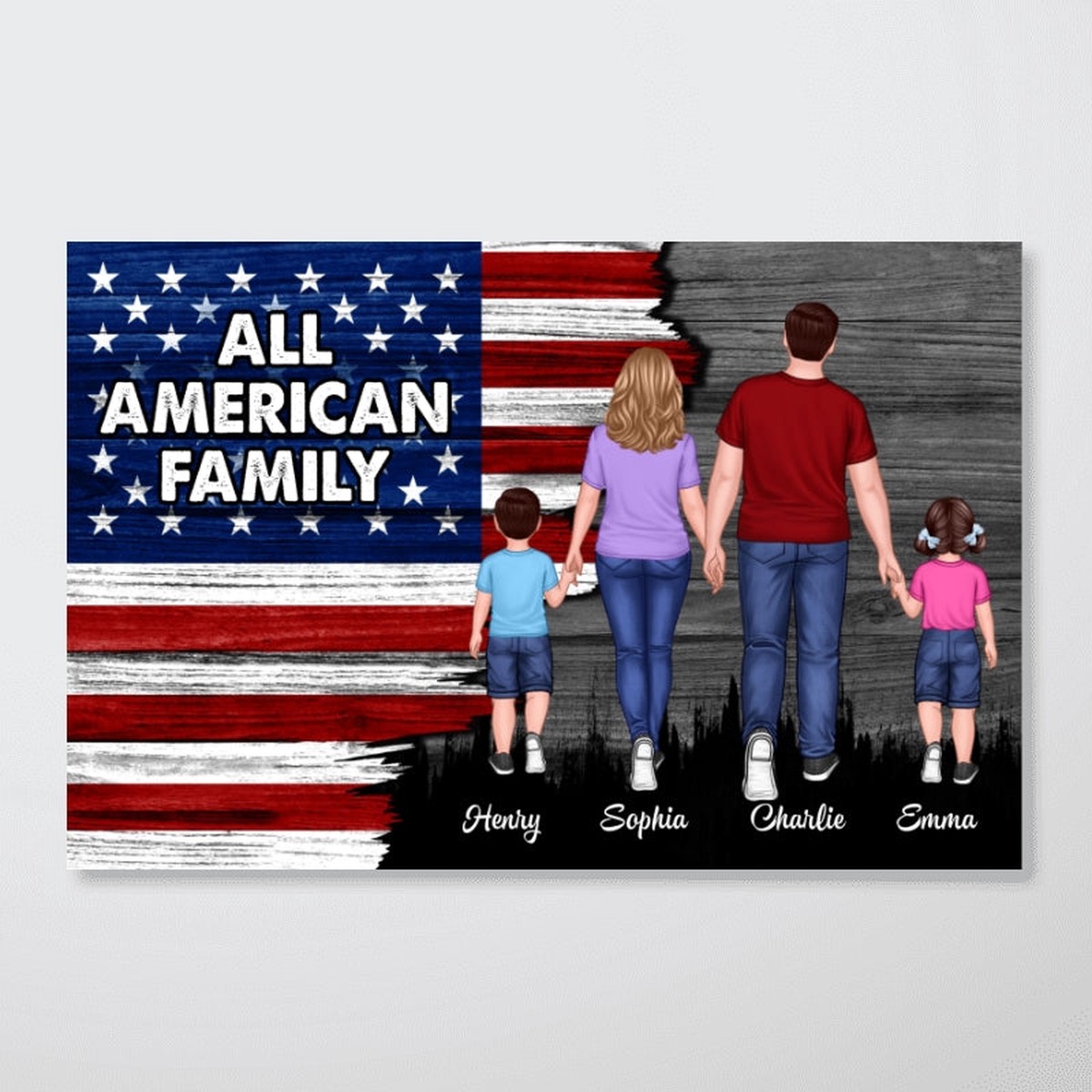 American Nation Flag Family Walking Back View Half Flag Concept 4th Of July Independence Day Personalized Poster - 12"x8"