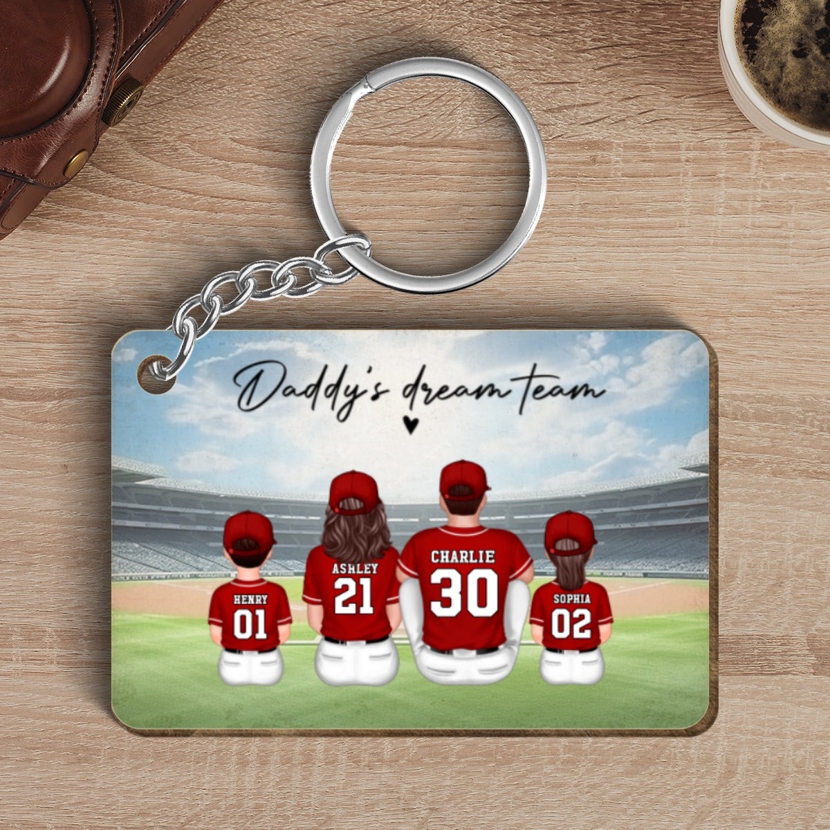 Daddy's Team Baseball Family Sitting Personalized Wooden Keychain, Father's Day Gift For Dad, Grandpa, Husband - Wood | S - 2.35" | 1 Keychain