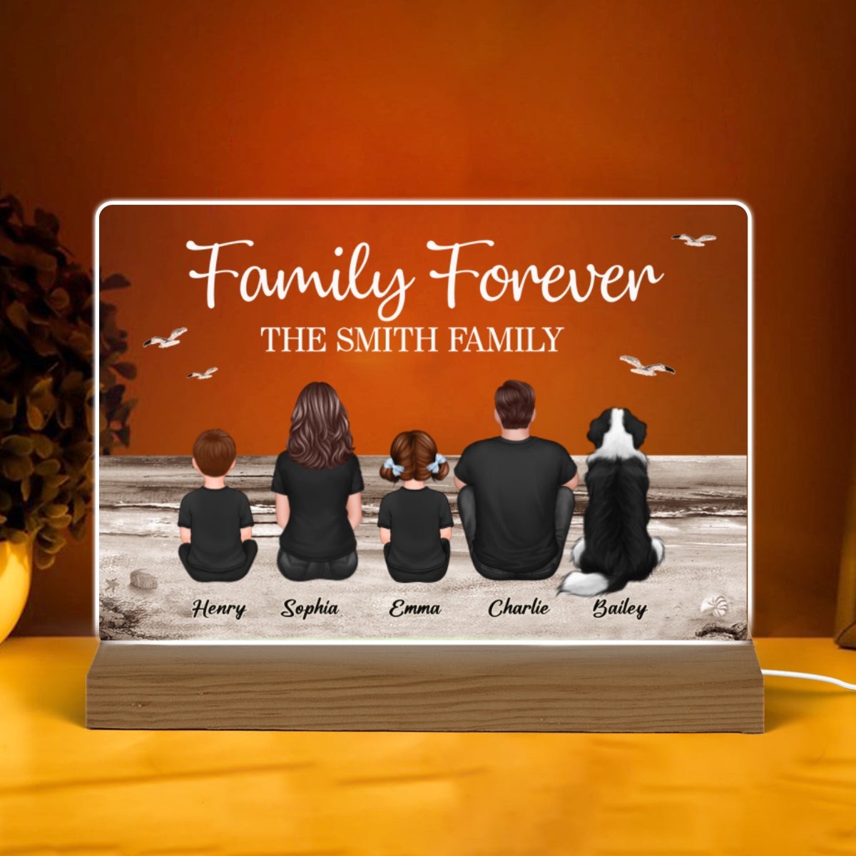 Retro Vintage Family Sitting Beach Landscape Personalized Custom Shape Acrylic Plaque LED Night Light - Acrylic
