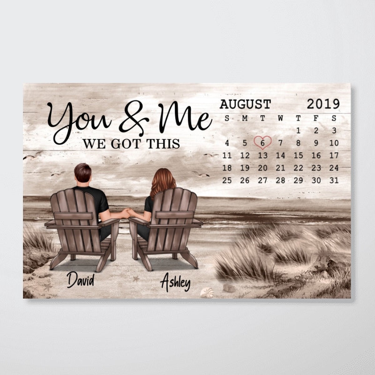 Anniversary Date Retro Vintage Back View Couple Sitting Beach Landscape Personalized Horizontal Poster - 18x12
