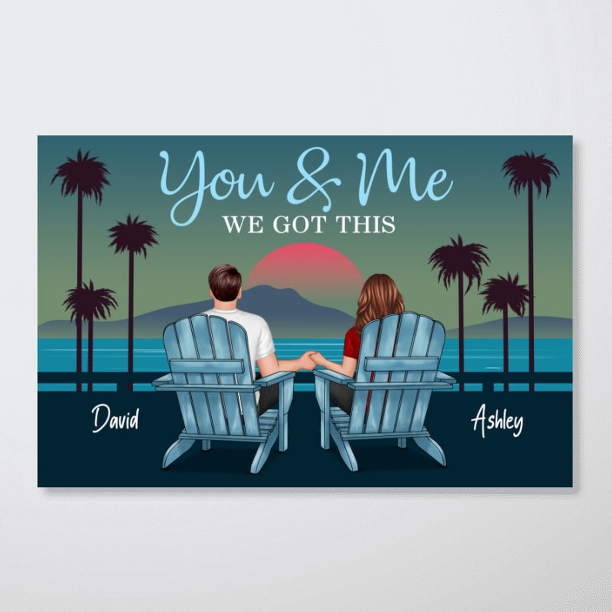 Back View Couple Sitting Beach Landscape Retro Personalized Horizontal Poster - 18x12