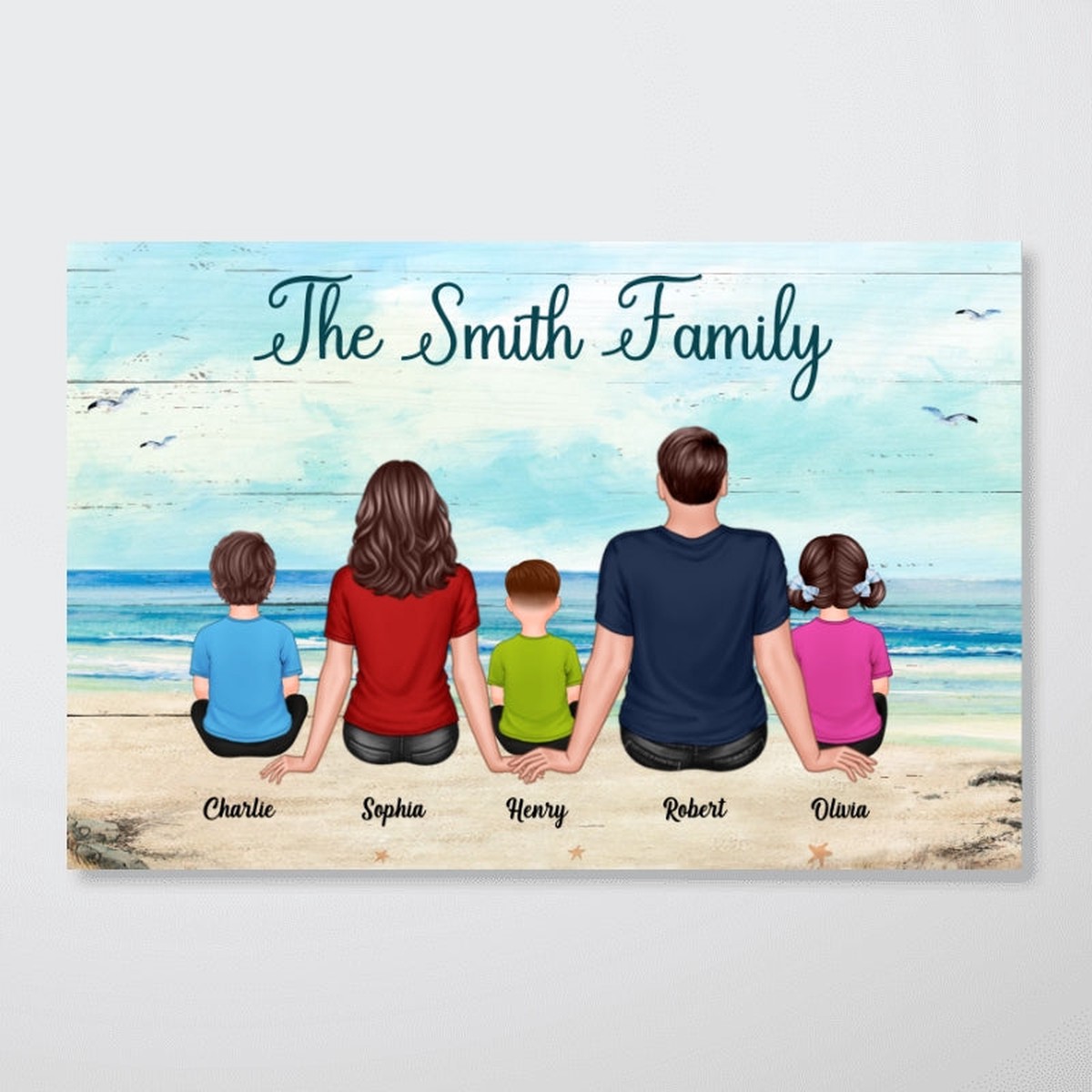 Whole Family Dad Mom Kids Dogs Cats Sitting Beach Landscape Personalized Horizontal Poster - 18x12