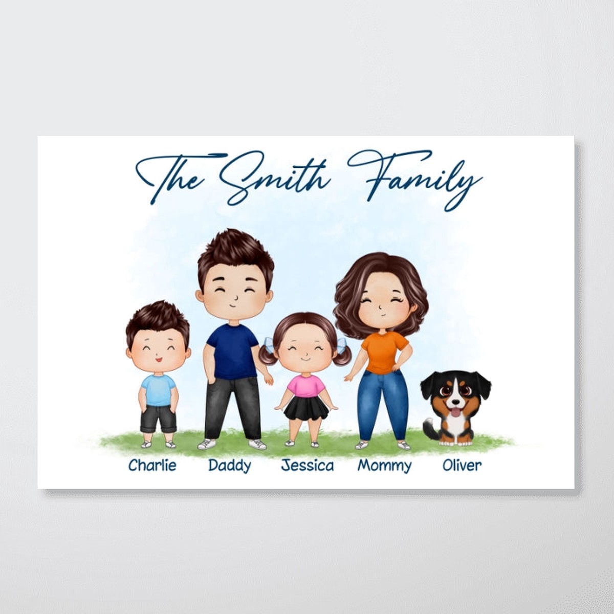 Whole Happy Doll Family Couple Dad Mom Kid Dog Cat Watercolor Style Personalized Horizontal Poster - 18x12
