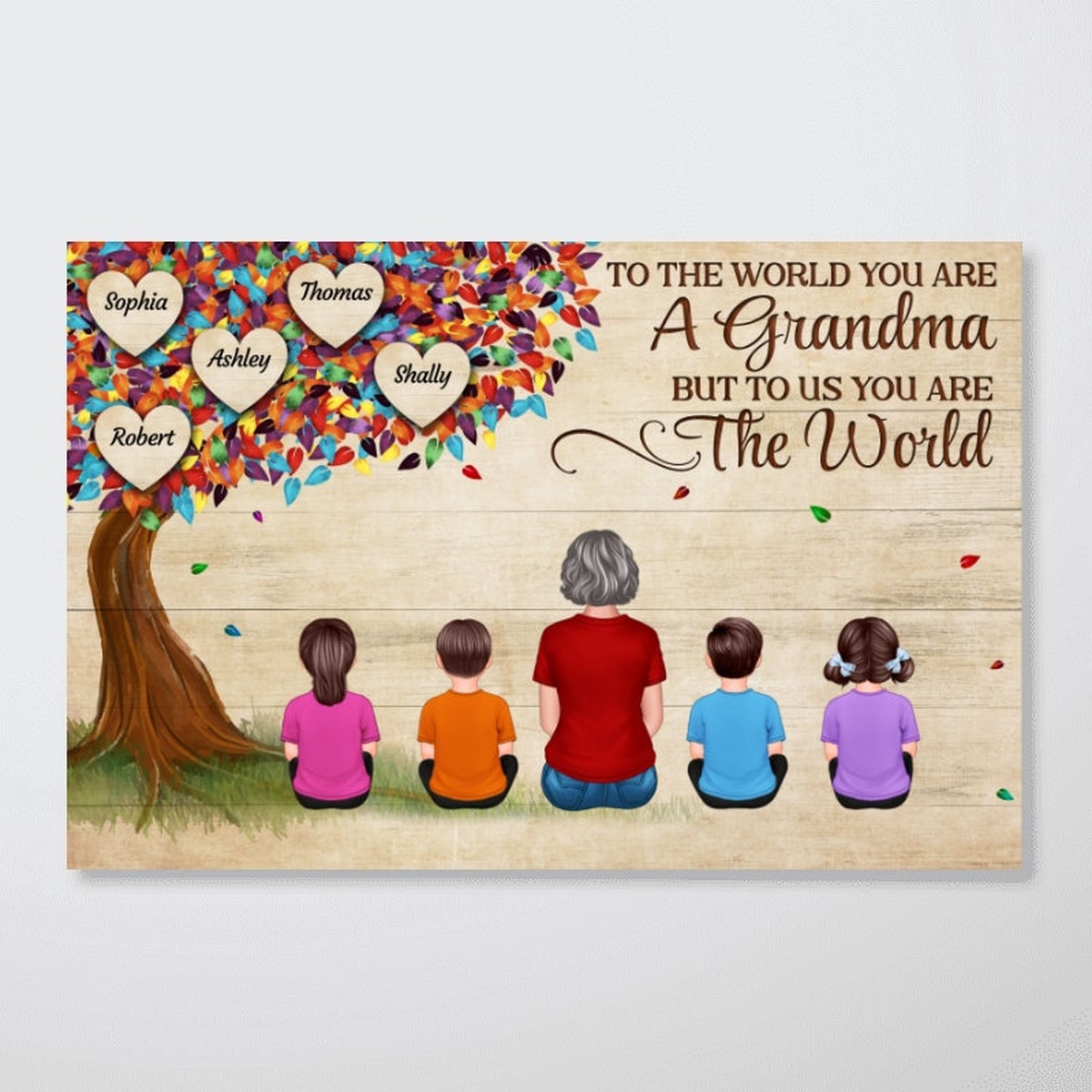 Woman Back View & Kids Under Colorful Tree Personalized Horizontal Poster - 18x12