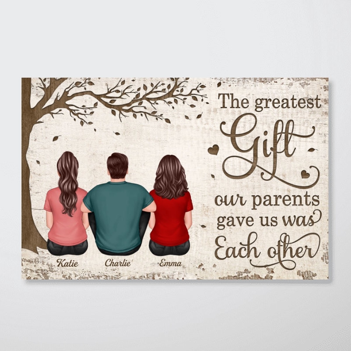 Back View Brothers And Sisters Sitting Under Tree Personalized Horizontal Poster - 18x12