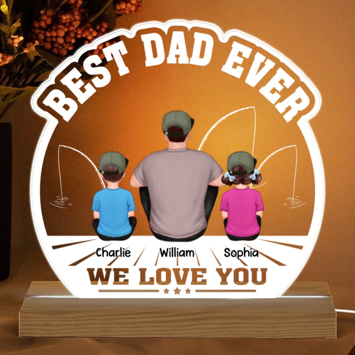 Best Fishing Dad Ever Back View Man And Kids Sitting Personalized Personalized Custom Shape Acrylic Plaque Warm LED Night Light - Acrylic