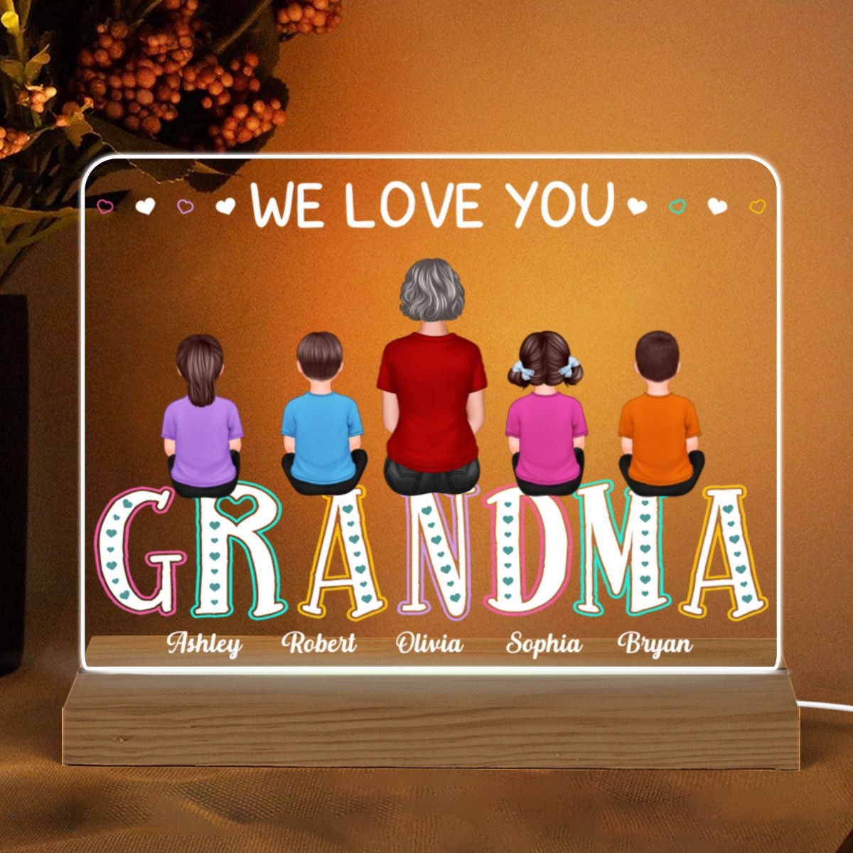 Grandma We Love You Colorful Back View Woman Sitting With Kids Personalized Horizontal Rectangle Custom Shaped Acrylic Plaque With Warm LED Night Light - Acrylic