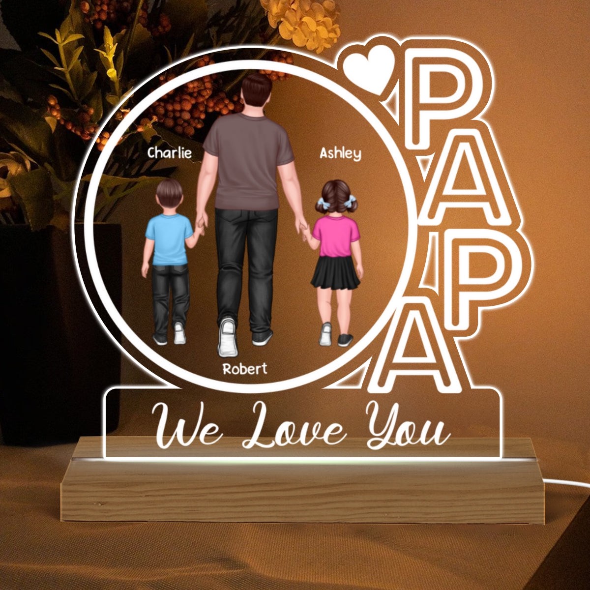 Papa We Love You Back View Walking Man & Kids Personalized Custom Shape Acrylic Plaque With Warm LED Night Light - Acrylic