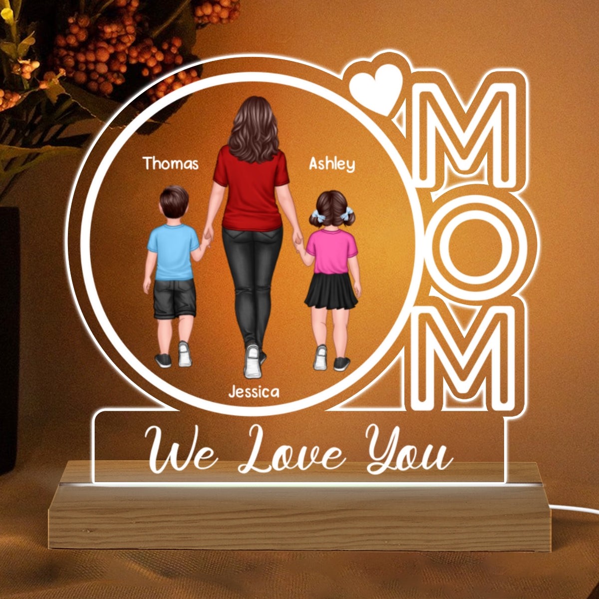 Mom We Love You Back View Walking Mom & Kids Personalized Custom Shape Acrylic Plaque With Warm LED Night Light - Acrylic