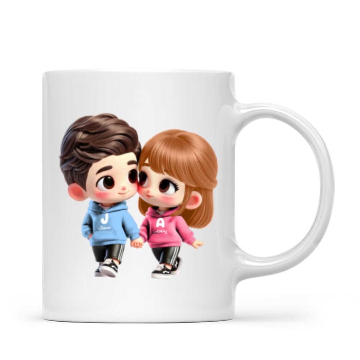 3D Effect Cute Cartoon Couple Holding Hands Personalized Mug, Anniversary & Gift for him, Gift for her - Ceramic Mug | white | 11oz