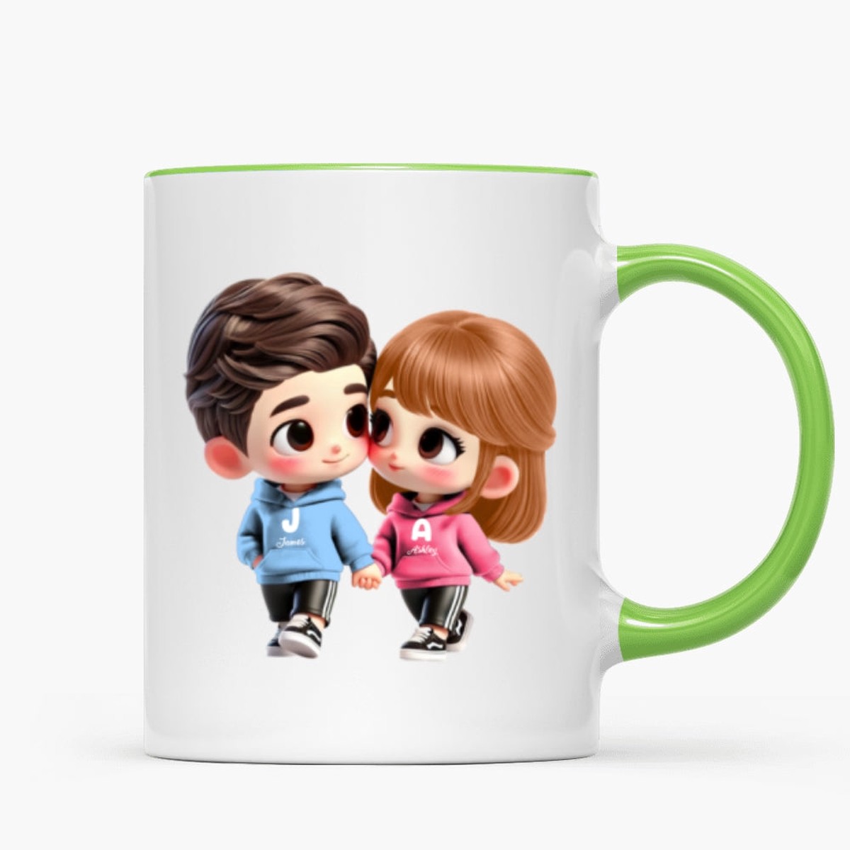 3D Effect Cute Cartoon Couple Holding Hands Personalized Mug, Anniversary & Gift for him, Gift for her - Two Tone Mug | Lime Green Accent | 11oz