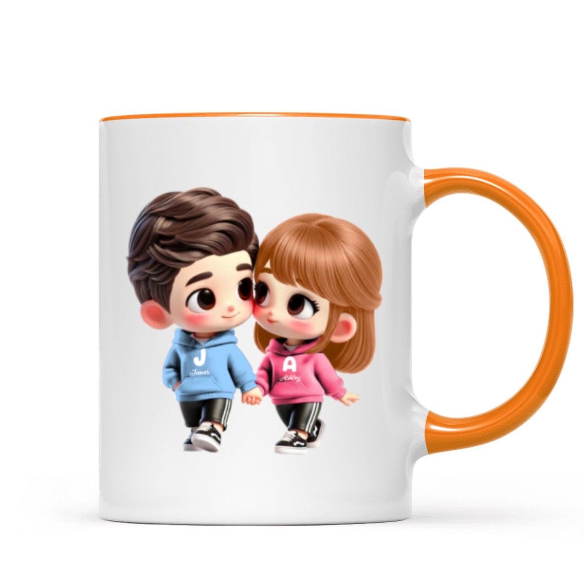 3D Effect Cute Cartoon Couple Holding Hands Personalized Mug, Anniversary & Gift for him, Gift for her - Two Tone Mug | Orange Accent | 11oz