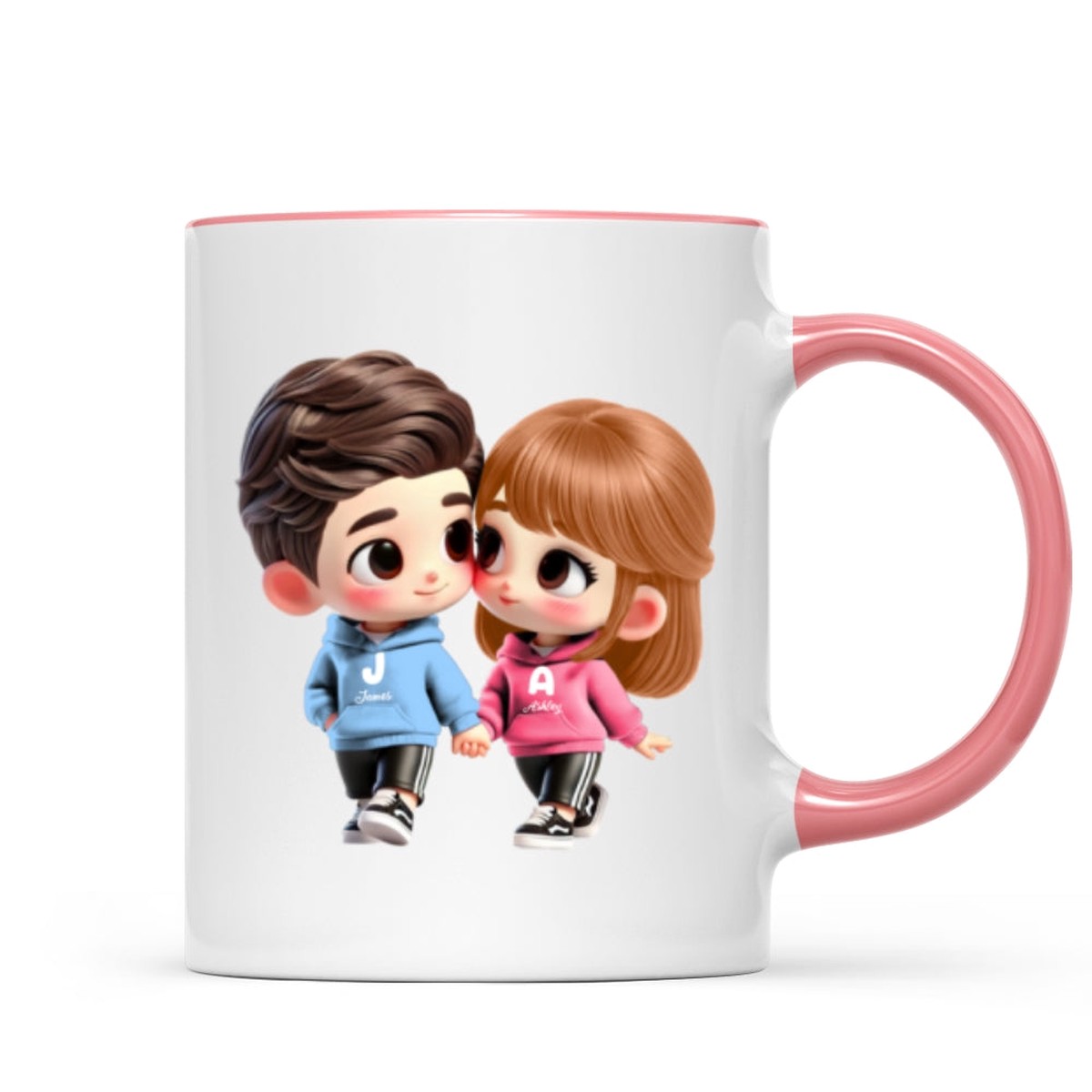 3D Effect Cute Cartoon Couple Holding Hands Personalized Mug, Anniversary & Gift for him, Gift for her - Two Tone Mug | Pink Accent | 11oz