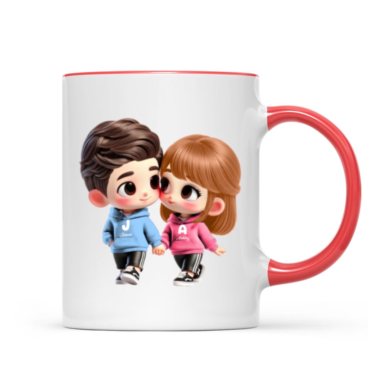 3D Effect Cute Cartoon Couple Holding Hands Personalized Mug, Anniversary & Gift for him, Gift for her - Two Tone Mug | Red Accent | 11oz