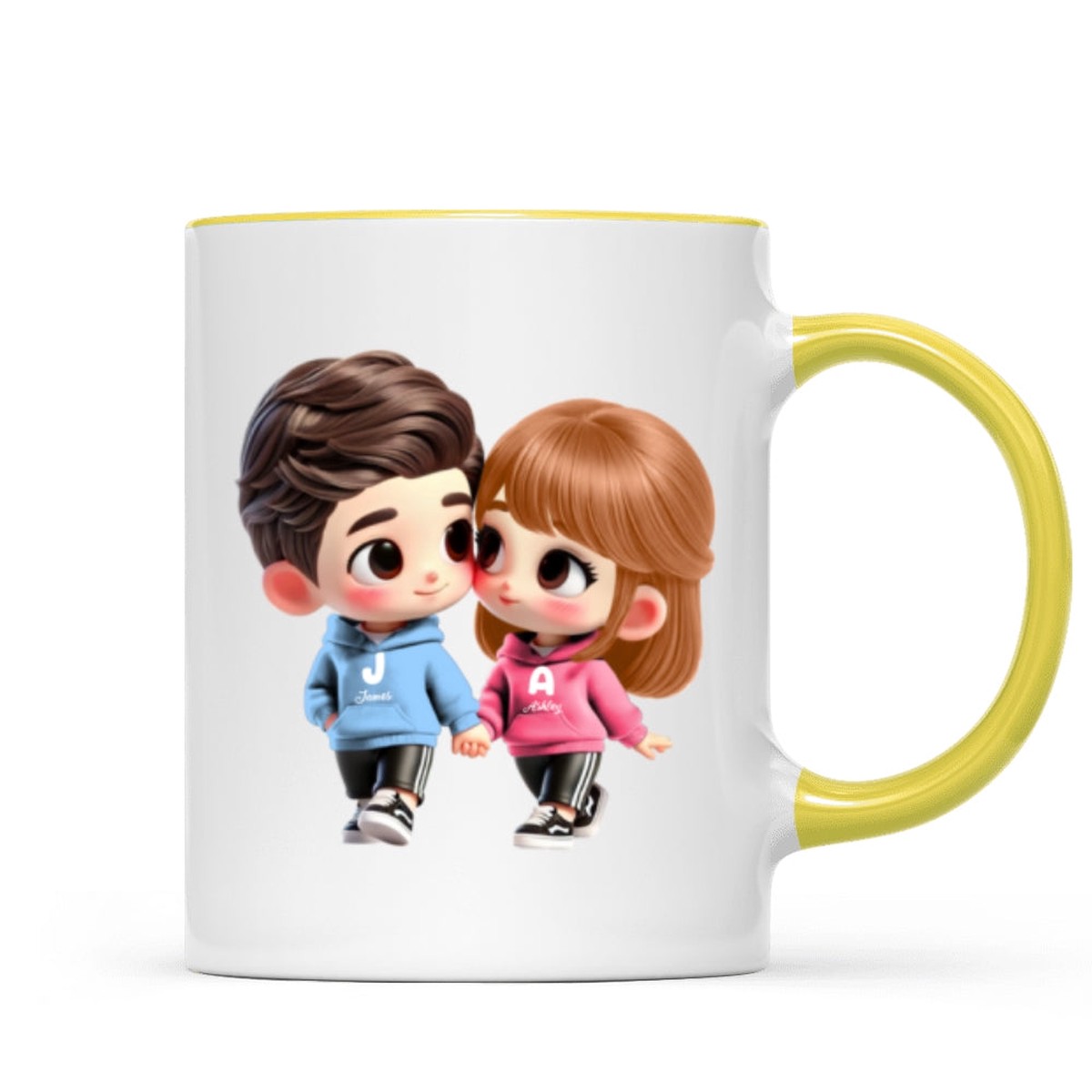 3D Effect Cute Cartoon Couple Holding Hands Personalized Mug, Anniversary & Gift for him, Gift for her - Two Tone Mug | Yellow Accent | 11oz