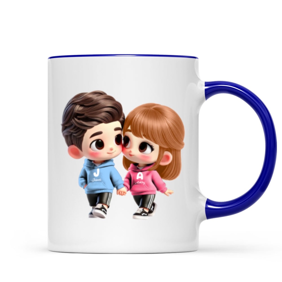 3D Effect Cute Cartoon Couple Holding Hands Personalized Mug, Anniversary & Gift for him, Gift for her - Two Tone Mug | Dark Blue Accent | 11oz
