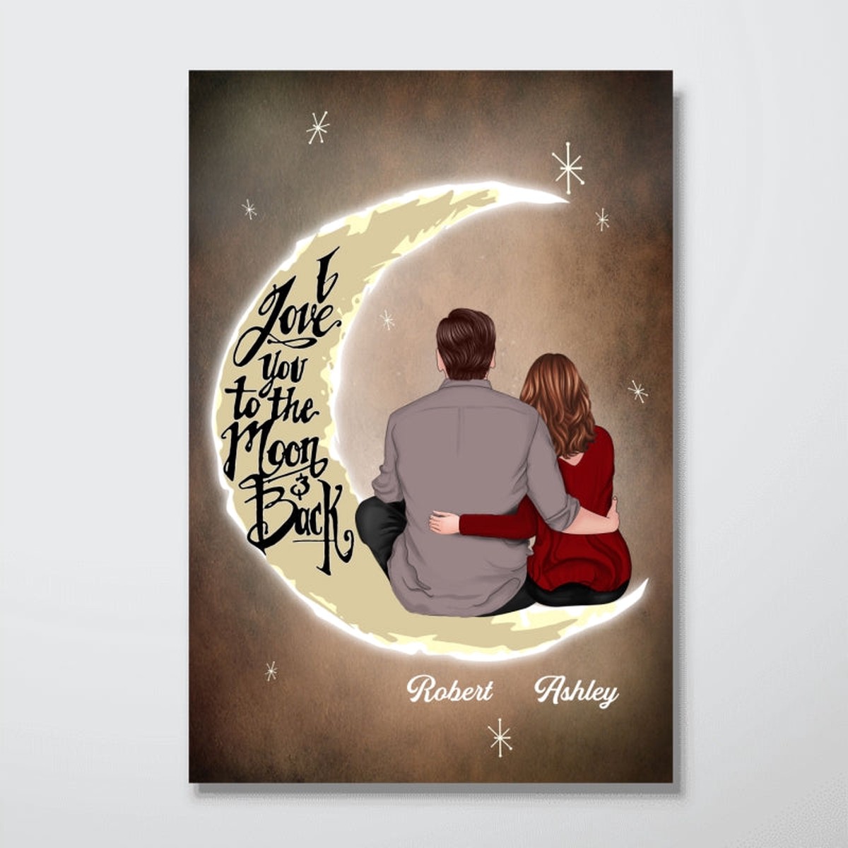 Back View Couple I Love You To The Moon And Back Anniversary Gift Personalized Vertical Poster - 12x18