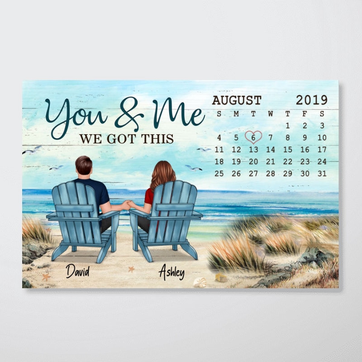 Anniversary Date Back View Couple Sitting Beach Landscape Gift For Him For Her Personalized Horizontal Poster - 18x12