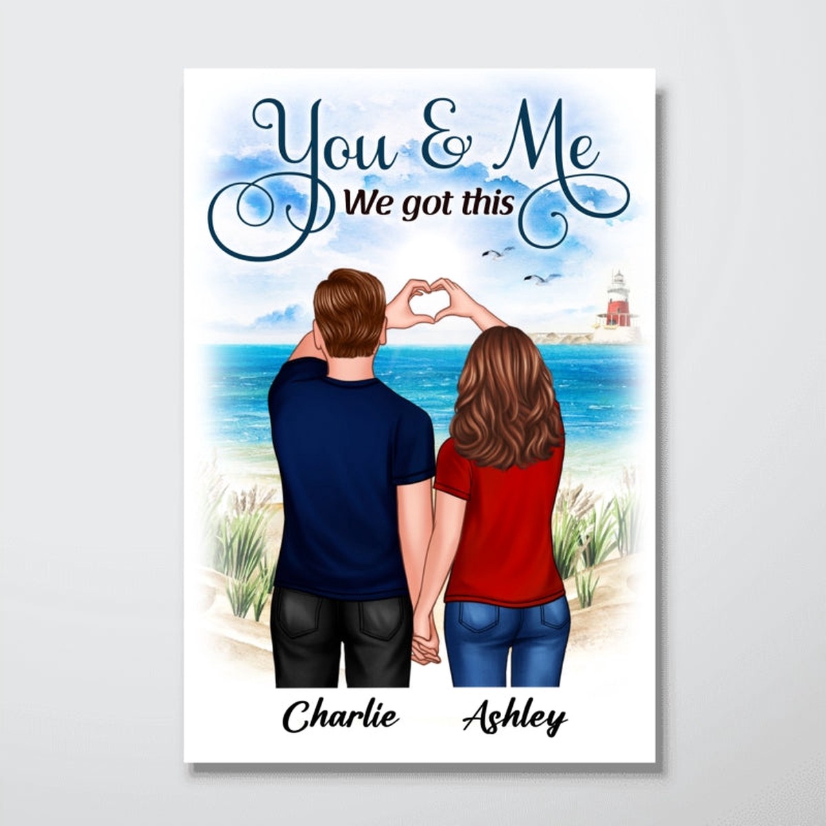 Back View Couple Heart Hands At Beach Personalized Vertical Poster - Valentines Day Gift - Gift For Him, Gift For Her - 12x18