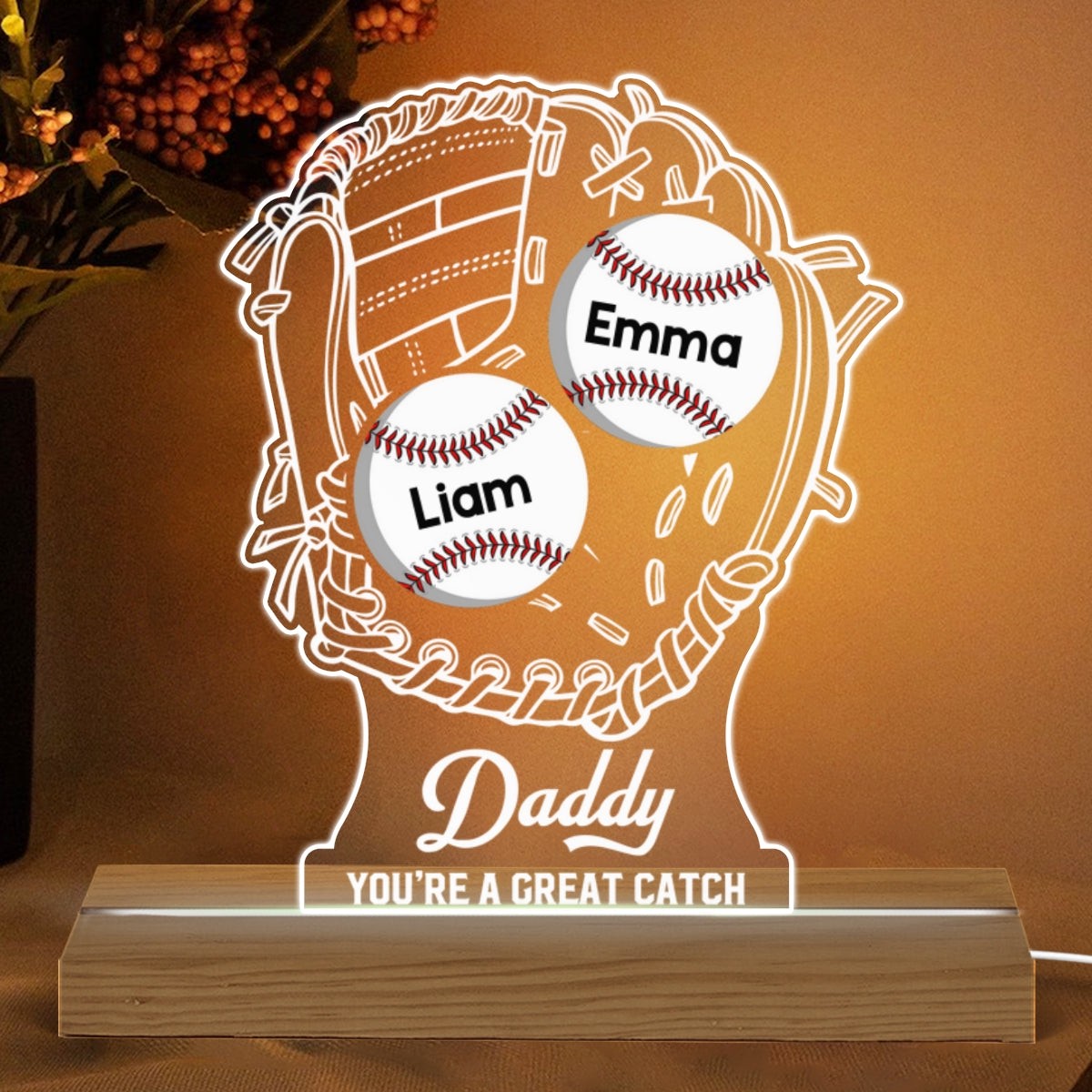 Youre A Great Catch Baseball Mom Dad Personalized Custom Shaped Acrylic Plaque With LED Night Light - Acrylic | 5.9" x 5.9"