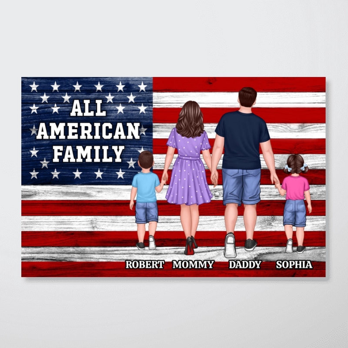 American Nation Flag Whole Family Walking With Proud 4th Of July Independence Day Personalized Poster - 12"x8"